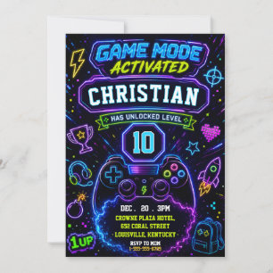 Neon Game Mode Activated Gamer Birthday Party Invitation