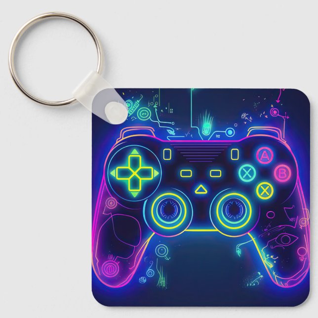 Neon Gamer Arcade Video Game Level Up Birthday Key Ring (Front)