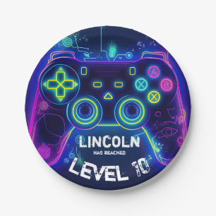 Neon Gamer Arcade Video Game Level Up Birthday Paper Plate