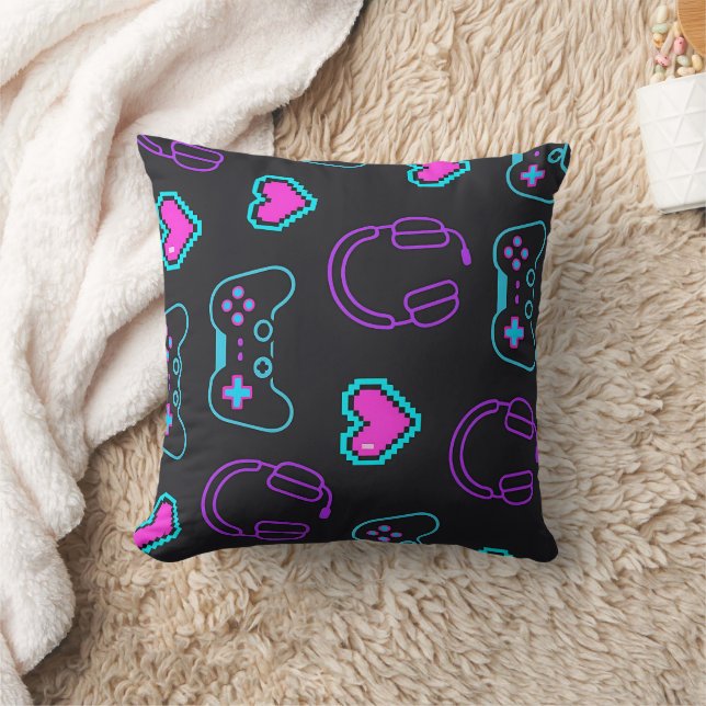 Neon Gamer Controller and Hearts Pattern Cushion (Blanket)