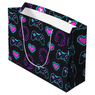Neon Gamer Controller and Hearts Pattern Large Gift Bag