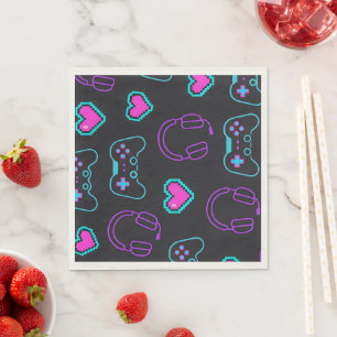 Neon Gamer Controller and Hearts Pattern Napkin