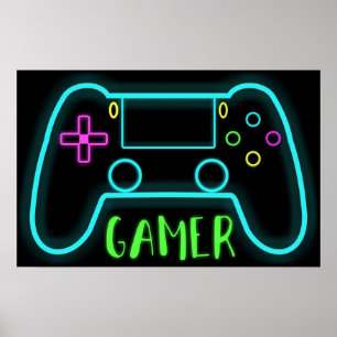Neon gamer controller neon colours poster