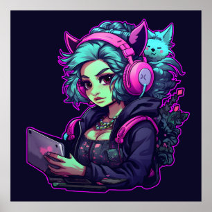 Neon gamer girl poster