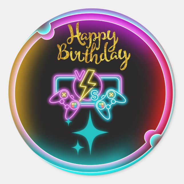 Neon Gaming Birthday Party Classic Round Sticker (Front)
