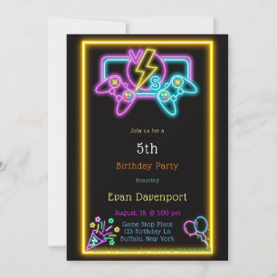 Neon Gaming Birthday Party Invitation