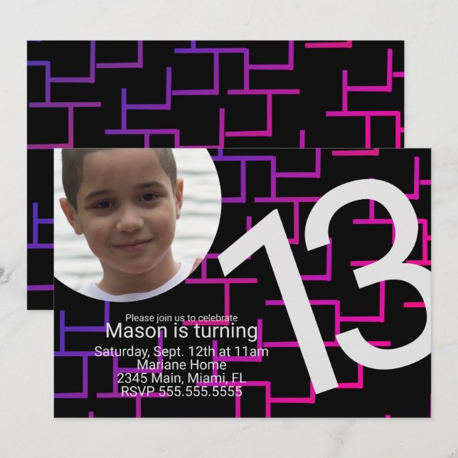 Neon Gaming Birthday Party Maze Gamer Photo  Invitation (Front/Back)