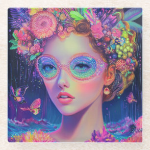 Neon Garden Goddess Glass Coaster