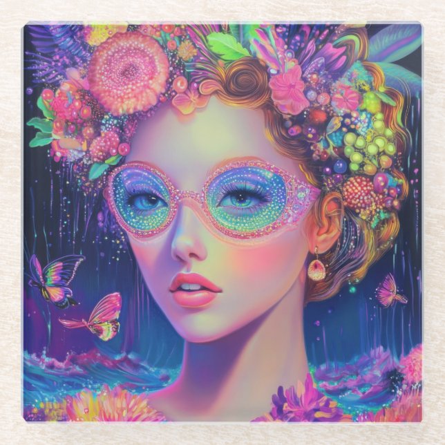 Neon Garden Goddess  Glass Coaster (Front)