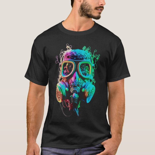 Neon Gas Mask: Vibrant Chaos Art T-Shirt (Front)