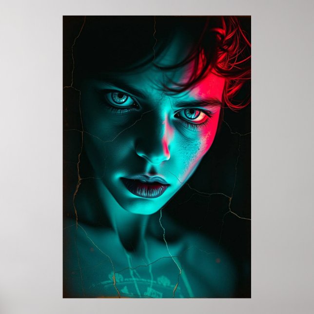 Neon Gaze: Cracked Reality Portrait Poster (Front)
