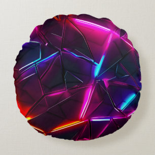 Neon Geometric Abstract Futuristic Cyberpunk Round Cushion