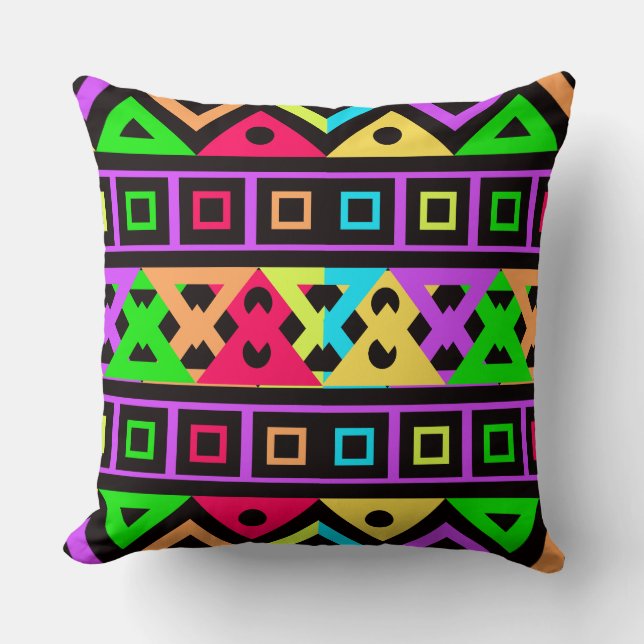 Neon Geometric Tribal Throw Pillow (Front)