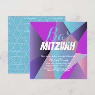 Neon Geometrical Blue White Bar Mitzvah Invitation