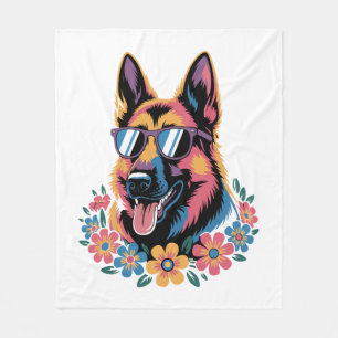 Neon German Shepherd with Sunglasses Fleece Blanket