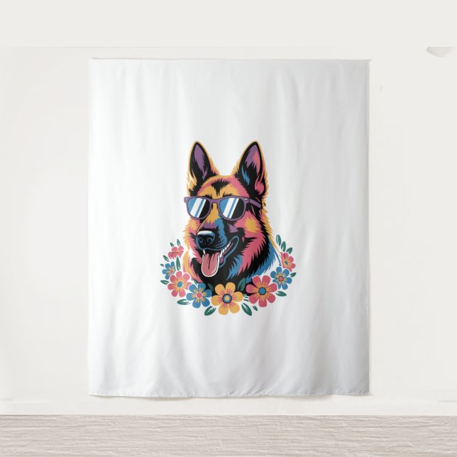 Neon German Shepherd with Sunglasses Tapestry (Front)