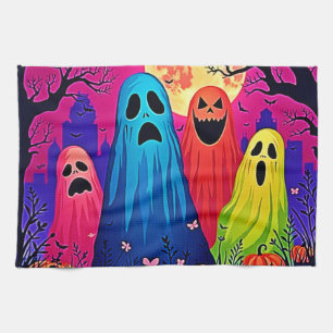 Neon Ghosts' Halloween Party Design Tea Towel