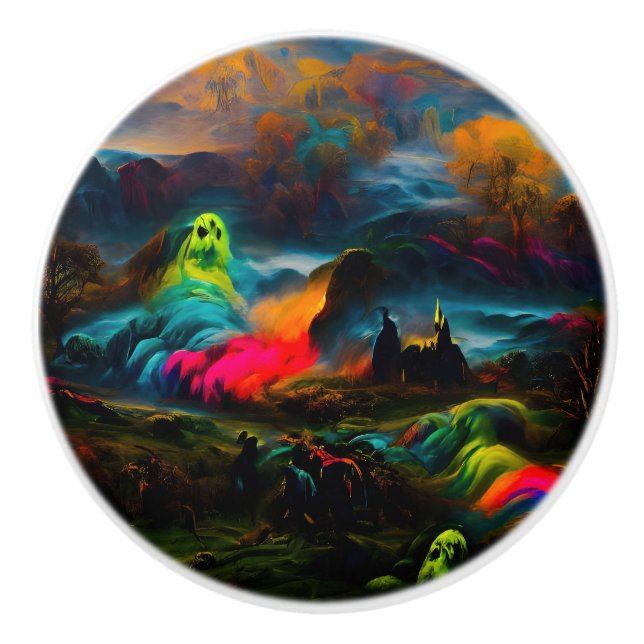 Neon Ghosts in a Haunted Fantasy Landscape Ceramic Knob (Front)
