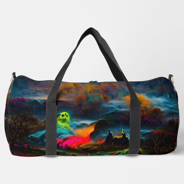 Neon Ghosts in a Haunted Fantasy Landscape Duffle Bag (Front)