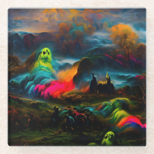 Neon Ghosts in a Haunted Fantasy Landscape Glass Coaster
