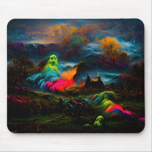 Neon Ghosts in a Haunted Fantasy Landscape Mouse Mat