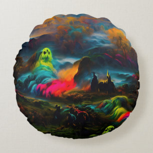 Neon Ghosts in a Haunted Fantasy Landscape Round Cushion
