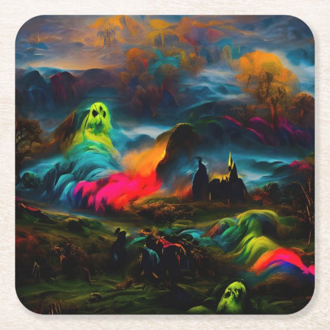 Neon Ghosts in a Haunted Fantasy Landscape Square Paper Coaster (Front)
