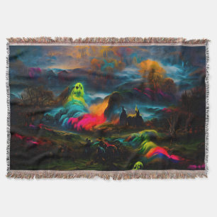 Neon Ghosts in a Haunted Fantasy Landscape Throw Blanket
