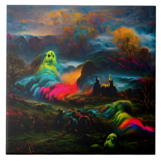 Neon Ghosts in a Haunted Fantasy Landscape Tile