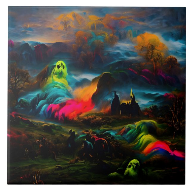 Neon Ghosts in a Haunted Fantasy Landscape Tile (Front)