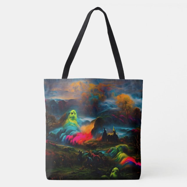 Neon Ghosts in a Haunted Fantasy Landscape Tote Bag (Front)