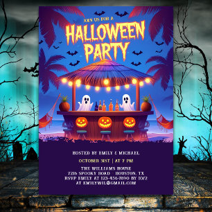 Neon Ghosts & Pumkins Tropical Bar Halloween Party Invitation