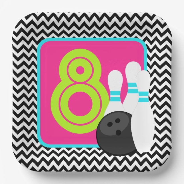 Neon Girl Chevron Bowling Birthday Paper Plates (Front)