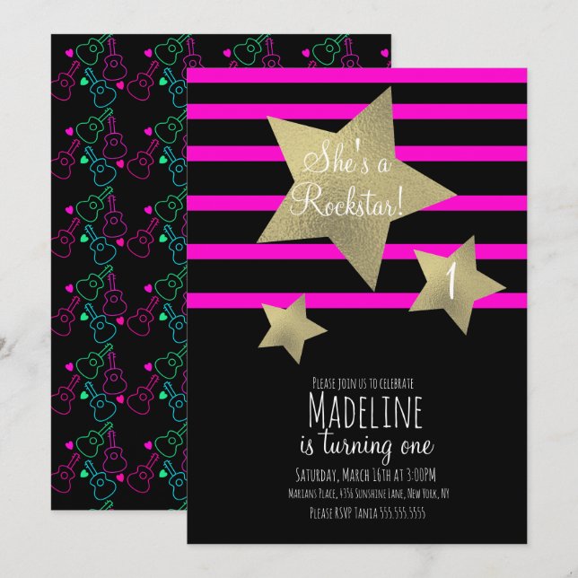 Neon Girl Rockstar Guitar Faux Gold Star Birthday Invitation (Front/Back)