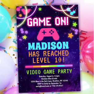 Neon Girls Video Game Birthday Party Invitation