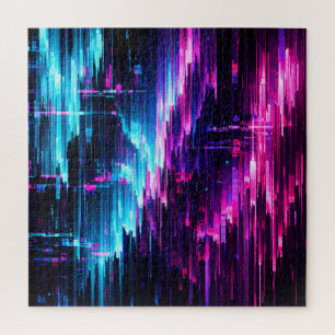 Neon Glitch Data Stream Abstract Jigsaw Puzzle