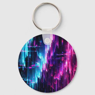 Neon Glitch Data Stream Abstract Key Ring