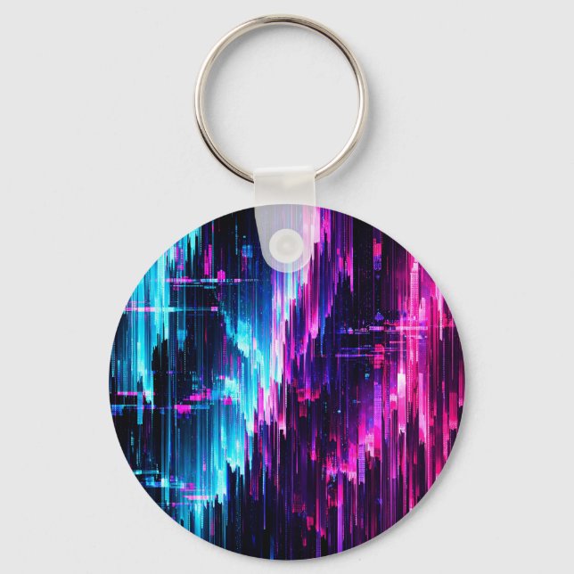 Neon Glitch Data Stream Abstract Key Ring (Front)