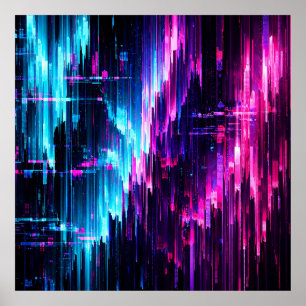 Neon Glitch Data Stream Abstract Poster