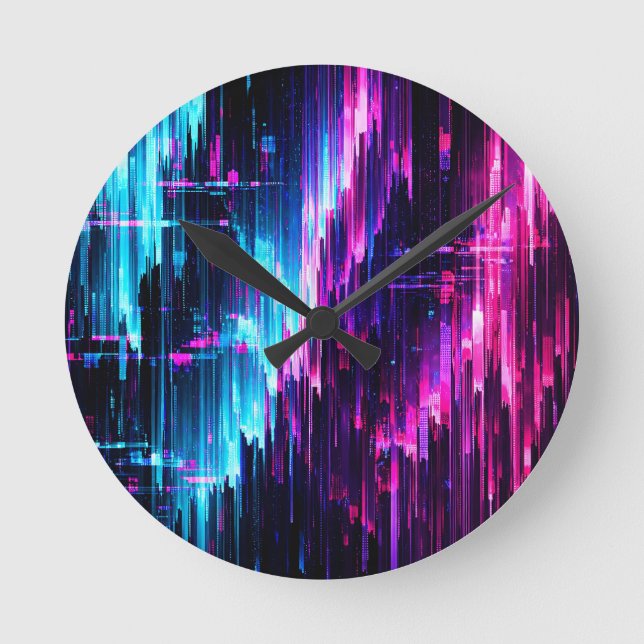 Neon Glitch Data Stream Abstract Round Clock (Front)