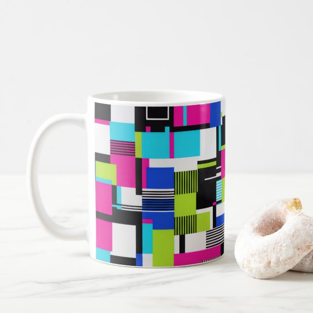 Neon Glitch Geometric Ceramic Coffee Mug (With Donut)