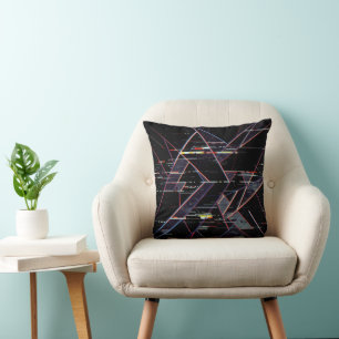 Neon Glitchcore Geometric Shapes on Black Cushion