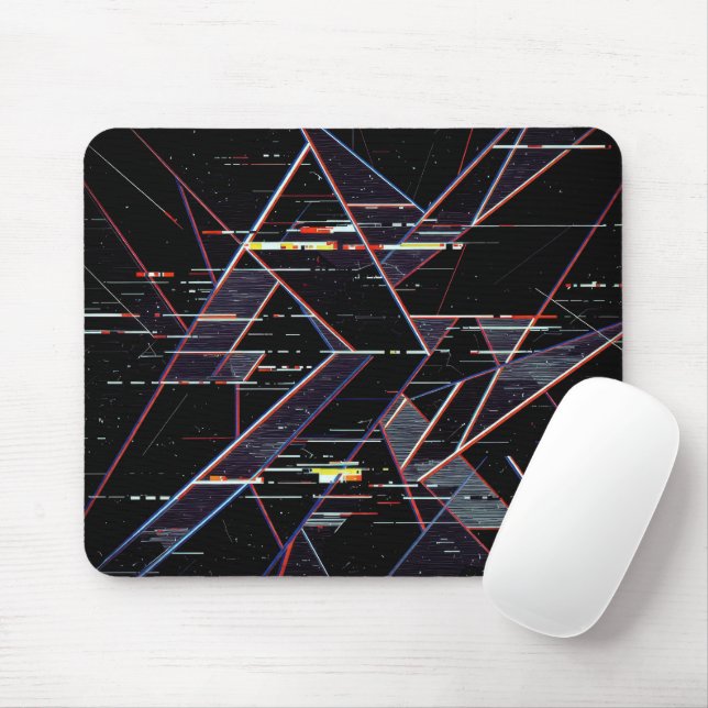Neon Glitchcore Geometric Shapes on Black Mouse Mat (With Mouse)