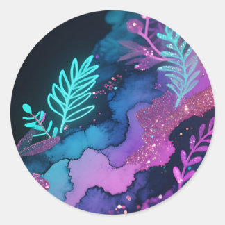 Neon Glitter Botanical Abstract Classic Round Sticker