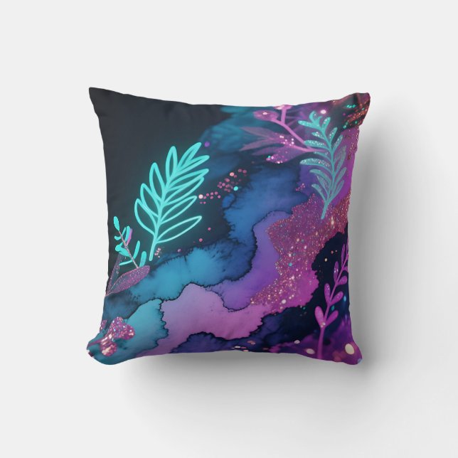 Neon Glitter Botanical Abstract Cushion (Front)