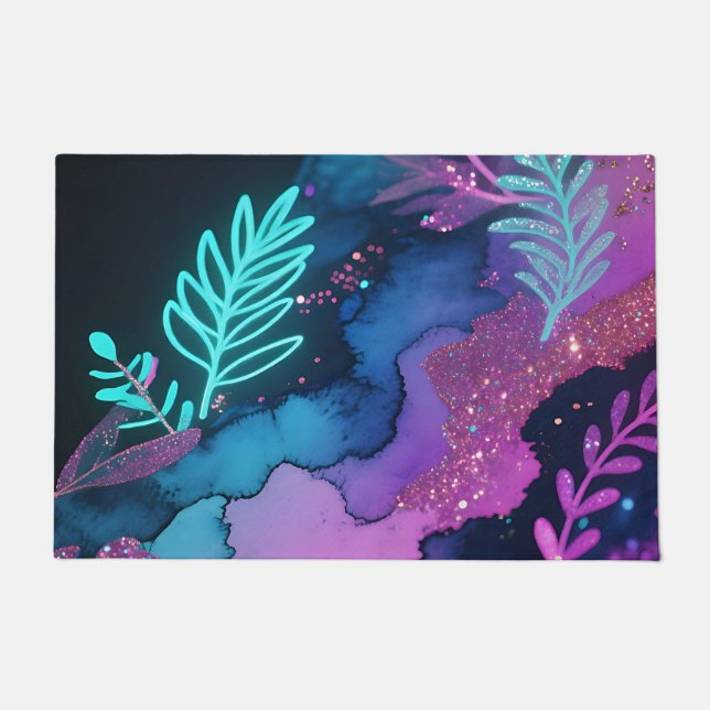 Neon Glitter Botanical Abstract Doormat (Front)
