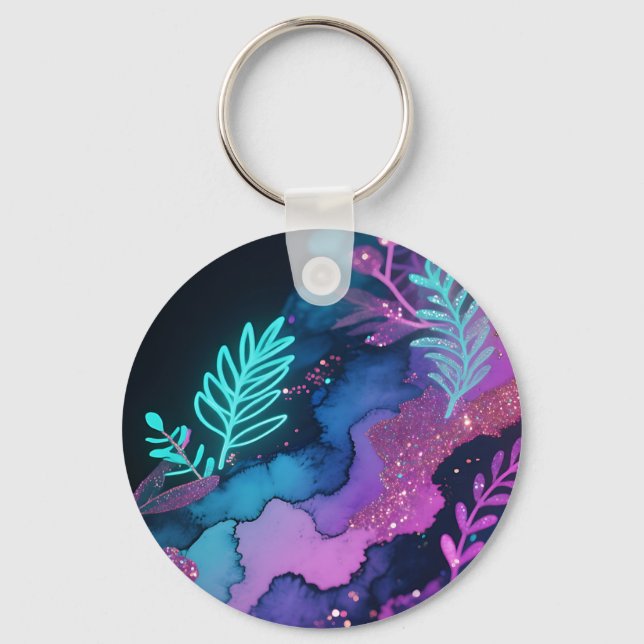 Neon Glitter Botanical Abstract Key Ring (Front)