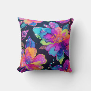Neon Glitter Floral Pattern Cushion