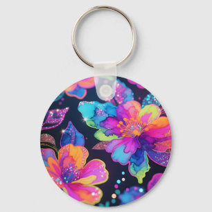 Neon Glitter Floral Pattern Key Ring