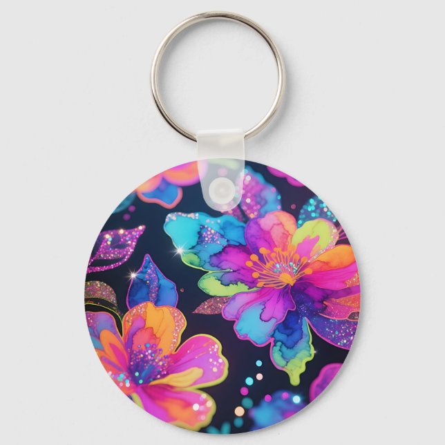 Neon Glitter Floral Pattern Key Ring (Front)